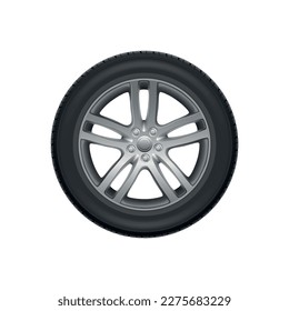 Realistic new tyred alloy car wheel against white background vector illustration