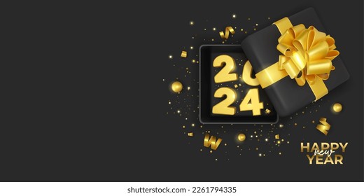 Realistic New Year 2024 banner in black and gold style. Christmas design with golden numbers and gift box. Dark background