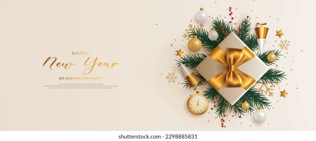 Realistic new year banner with white and gold decoration.