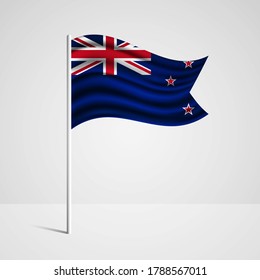 Realistic New Zealand country flag waving in wind. Abstract country flag with flagpole isolated on grey background