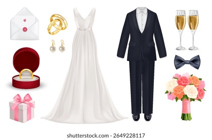 Conjunto de roupas elegantes de recém-casados realistas