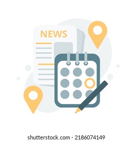 Realistic newspaper, calendar and pen flat. News template isolated. Vector illustration on white background in flat design