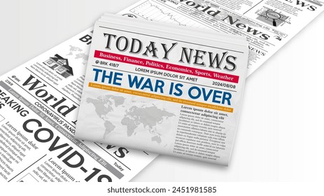 Realistic newspaper with the main news on the background of a newspaper conveyor. Breaking news from around the world in the latest edition of the newspaper. Vector illustration.