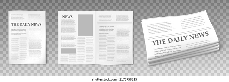 Realistic newspaper mockups, vector illustration isolated on transparent background. Paper design templates with headline and text. Folded pages, newspaper spread