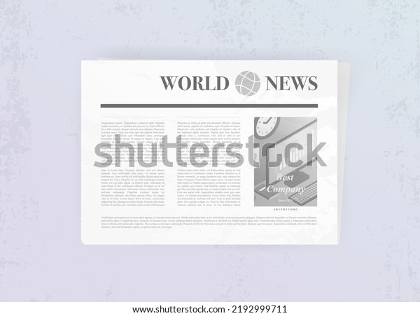 Realistic Newspaper vector illustration mockup\
concept. Weekly or daily newspaper with news sheet articles and\
advertising column with text and picture. Folded tabloid isolated\
on light background