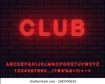 Realistic nice bright bold red neon font set with transparent light on a brickwall background. collection of letters numerals icons signs symbols for advertising graphic and web design