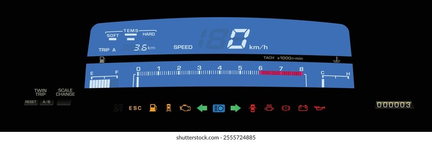 Realistic night 80s Japanese sport sedan digital instrument cluster in gasoline engine and manual gearbox with electronic damper suspension illustration vector.