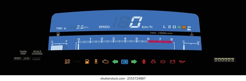 Realistic night 80s Japanese sport sedan digital instrument cluster in gasoline engine and automatic gearbox without drive mode indicator illustration vector.