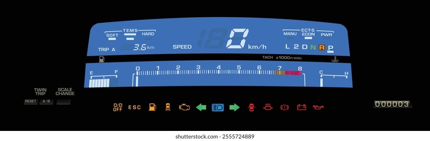 Realistic night 80s Japanese sport sedan digital gauge cluster in high performance gasoline engine and automatic gearbox with electronic suspension and stability program indicator illustration vector.