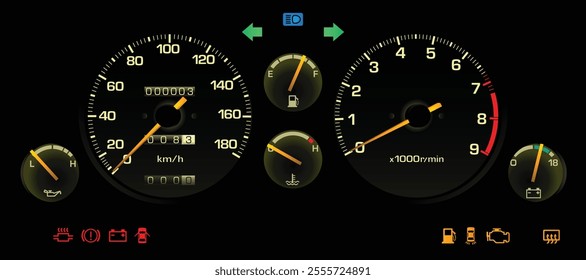 Realistic night 80s Japanese sport coupe instrument cluster in high performance gasoline engine and manual gearbox illustration vector.