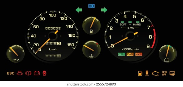 Realistic night 80s Japanese sport coupe instrument cluster in high performance gasoline engine and automatic gearbox with electronic suspension and stability program indicator illustration vector.