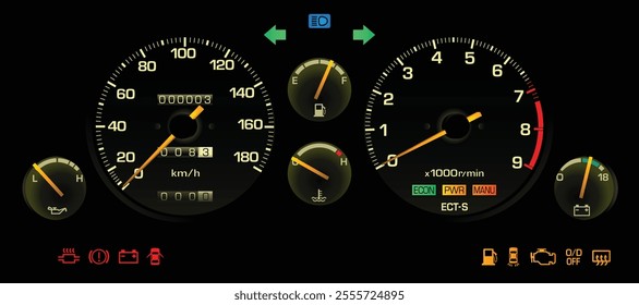 Realistic night 80s Japanese sport coupe instrument cluster in high performance gasoline engine and automatic gearbox illustration vector.