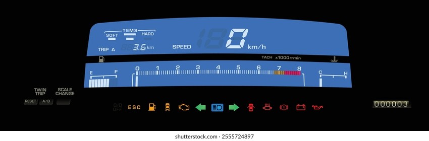 Realistic night 80s Japanese sport sedan digital gauge cluster in high performance gasoline engine and manual gearbox with electronic suspension and stability program indicator illustration vector.