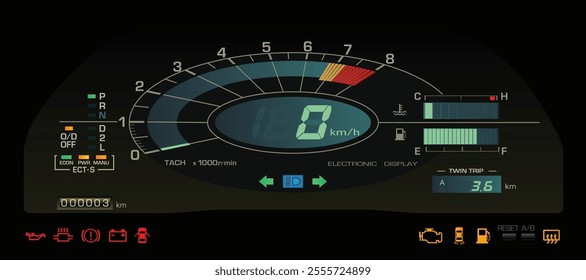 Realistic night 80s Japanese sport coupe digital instrument cluster in high performance gasoline engine and automatic gearbox illustration vector.