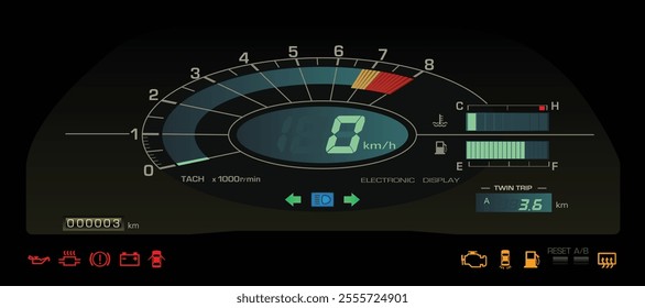 Realistic night 80s Japanese sport coupe digital instrument cluster in high performance gasoline engine and manual gearbox illustration vector.