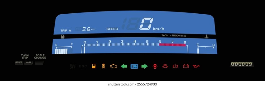 Realistic night 80s Japanese sport sedan digital instrument cluster in gasoline engine and manual gearbox  illustration vector.