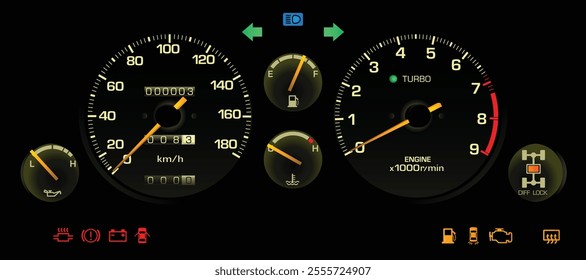 Realistic night 80s Japanese sport coupe instrument cluster in turbocharged gasoline engine and manual gearbox with center differential lock indicator light illustration vector.