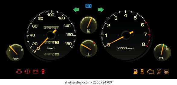 Realistic night 80s Japanese sport coupe instrument cluster in normal gasoline engine and manual gearbox illustration vector.