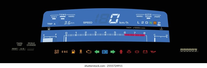 Realistic night 80s Japanese sport sedan digital instrument cluster in gasoline engine and automatic gearbox with electronic suspension and stability program indicator illustration vector.