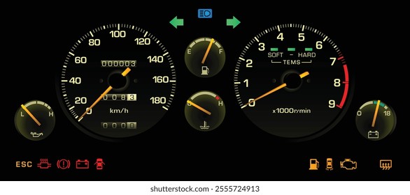 Realistic night 80s Japanese sport coupe instrument cluster in gasoline engine and manual gearbox with electronic suspension indicator illustration vector.