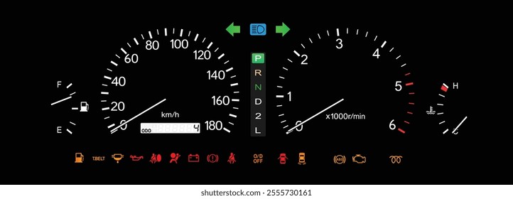 Realistic night 90s Japanese specs large sedan optitron gauge cluster in turbo diesel engine and automatic gearbox illustration vector.