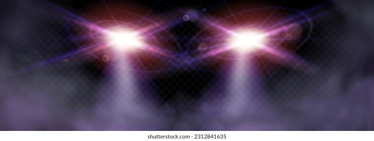 Realismo de la luz del coche nocturno en efecto vector de niebla de humo aislado fondo transparente. Luces de cruce de la luz de cruce del vehículo con visión delantera. 3 d espeluznante luz reflectante de lente de faros oscuros, carrera deportiva auto