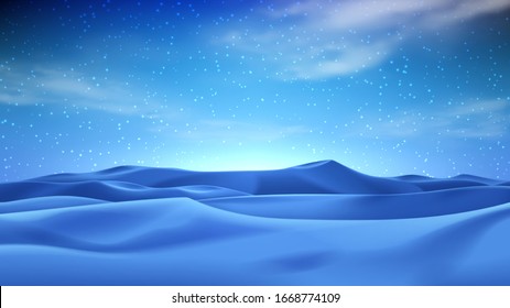 Realistic night desert landscape. Beautiful view on realistic sand dunes with starry sky. 3d vector illustration of sandy desert.