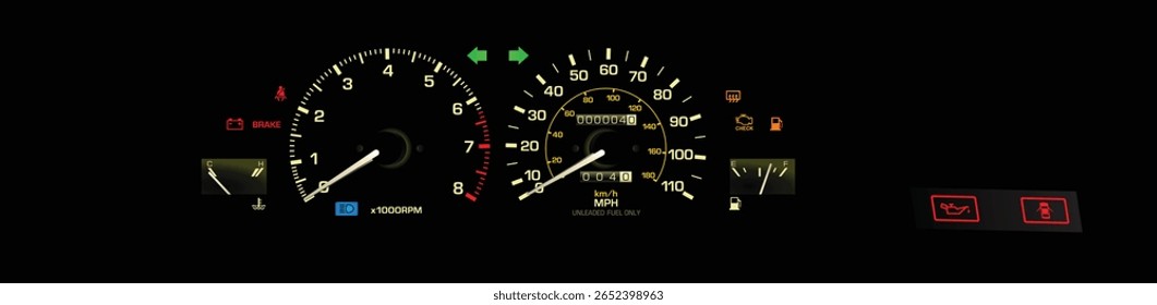 Realistic night early 90s era Japanese coupe in US specs gauge cluster with fuel injected engine and manual transmission with white pointer illustration vector.