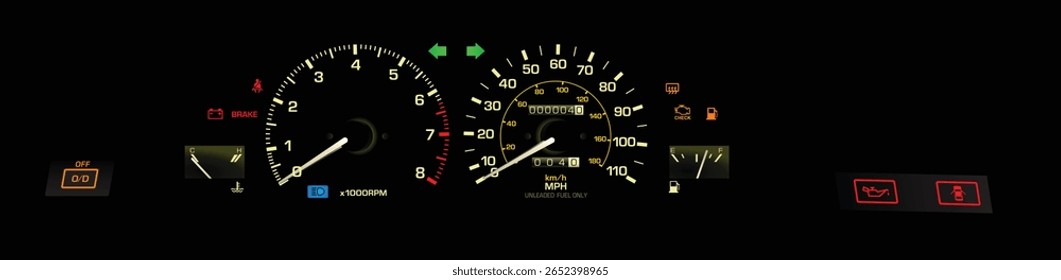 Realistic night early 90s era Japanese coupe in US specs gauge cluster with fuel injected engine and automatic transmission with white pointer illustration vector.