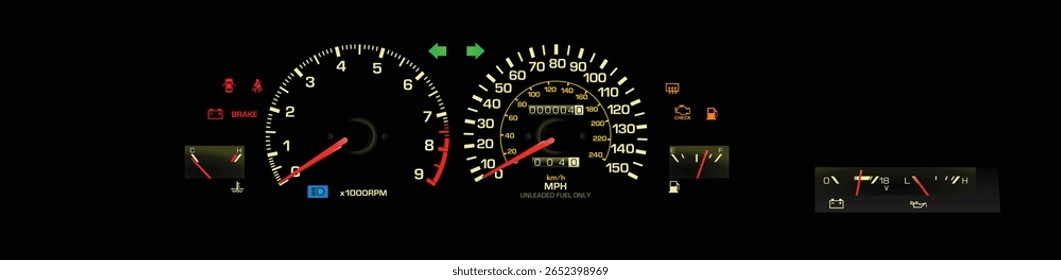 Noites realistas no início dos anos 90 era japonês esporte cupê em EUA specs gauge cluster com motor de combustível injetado e transmissão manual incluiu volt e óleo medidor de imprensa com vetor de ilustração ponteiro vermelho.
