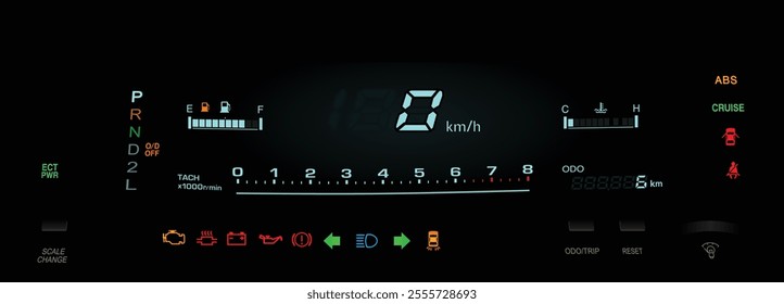 Realistic night early 90s Japanese nearly top specs large sedan digital gauge cluster in gasoline engine and electronically controlled automatic gearbox without electric damper illustration vector.