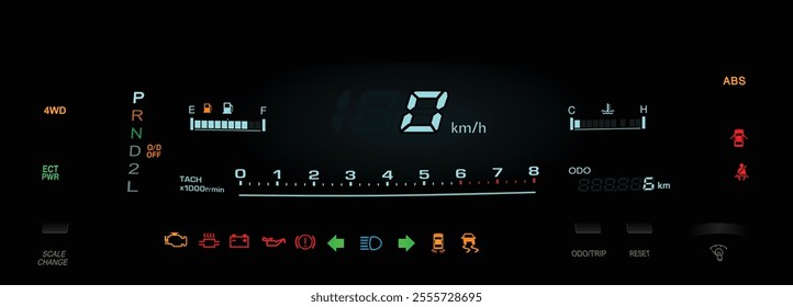 Realistic night early 90s Japanese specs large sedan digital gauge cluster in gasoline engine and electronically controlled automatic gearbox with electronically controlled 4WD illustration vector.