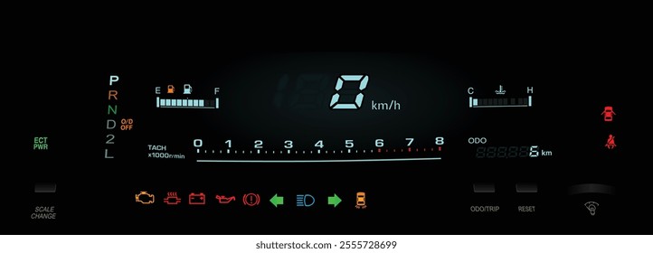 Realistic night early 90s Japanese mid specs large sedan digital gauge cluster in gasoline engine and electronically controlled automatic gearbox without ABS illustration vector.