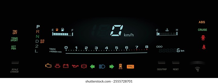 Realistic night early 90s Japanese top specs large sedan digital gauge cluster in gasoline engine and electronically controlled automatic gearbox with fully function illustration vector.