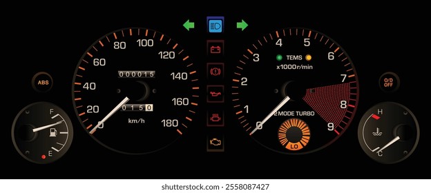 Realistic night early 90s Japanese sport hatchback gauge cluster in turbo gasoline engine and auto gearbox with electronic damper indicator and boost pressure gauge includes ABS illustration vector.