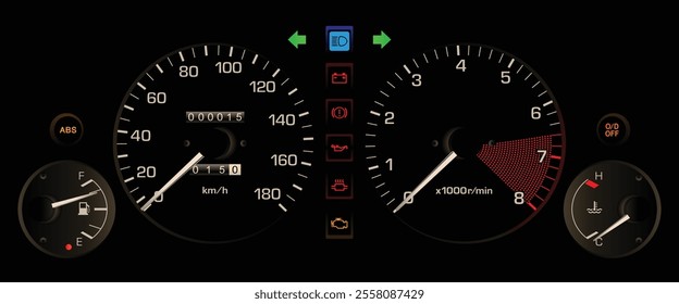 Realistic night early 90s Japanese sport hatchback gauge cluster in gasoline engine and automatic gearbox with antilock braking system illustration vector.