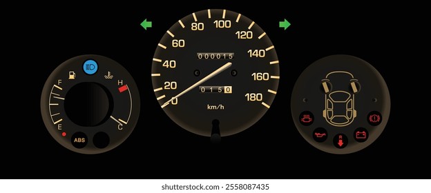 Realistic night early 90s Japanese sport hatchback gauge cluster in carburetor gasoline engine and 3 speed automatic gearbox without tachometer includes ABS and wheel direction illustration vector.