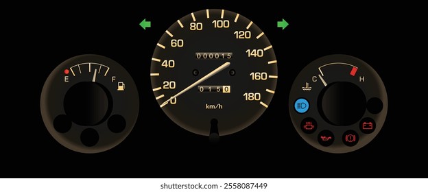 Realistic night early 90s Japanese sport hatchback gauge cluster in carburetor gasoline engine and 3 speed automatic gearbox without tachometer illustration vector.