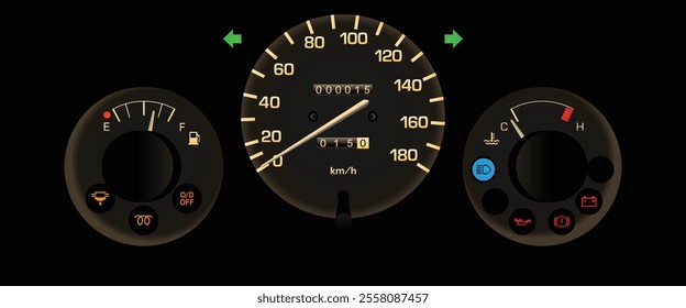 Realistic night early 90s Japanese sport hatchback gauge cluster in diesel engine and automatic gearbox without tachometer illustration vector.