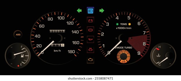 Realistic night early 90s Japanese sport hatchback gauge cluster in turbo gasoline engine and manual gearbox with electronic damper indicator and boost pressure gauge includes ABS illustration vector.