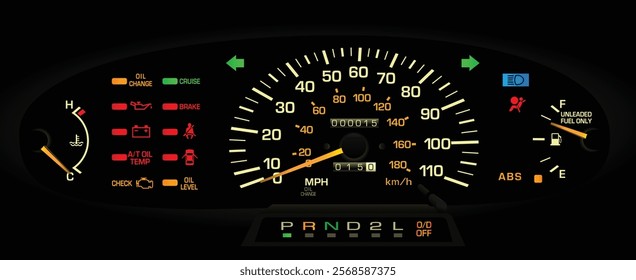 Realistic night early 90s Japanese midsize minivan gauge cluster in US specs gasoline engine and 4WD automatic gearbox without tachometer illustration vector.