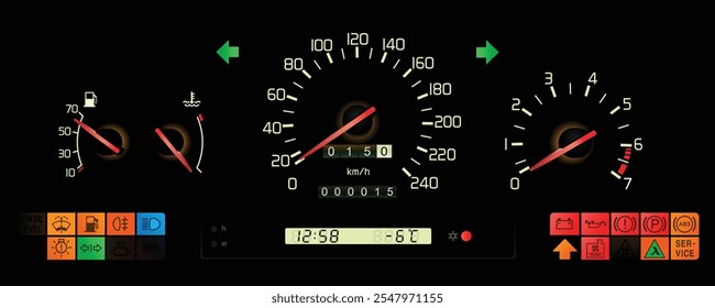 Realistic night early 90s Swedish midsize sedan dashboard with gasoline engine automatic transmission specs with digital clock and ambient temperature display illustration vector.