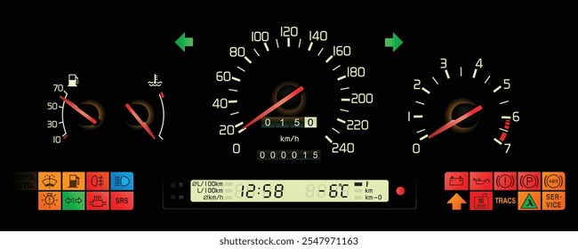 Realistic night early 90s Swedish midsize sedan dashboard with gasoline engine automatic transmission in Japanese domestic market specs with traction control illustration vector.