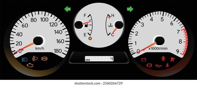 Realistic night early Y2K Japanese sport wagon white gauge cluster in turbo intercooler all wheel drive gasoline engine and manual gearbox illustration vector.