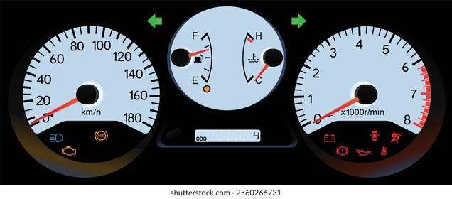 Realistic night early Y2K Japanese sport wagon cool white gauge cluster in gasoline engine and manual gearbox illustration vector.