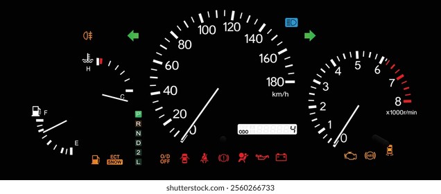 Realistic night early Y2K Japanese midsize SUV optitron gauge cluster in gasoline engine and electronically control automatic gearbox with rear fog light indicator illustration vector.