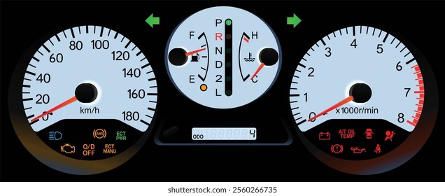 Realistic night early Y2K Japanese sport wagon cool white gauge cluster in gasoline engine and 4WD automatic gearbox illustration vector.