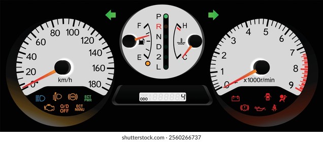 Realistic night early Y2K Japanese sport wagon white gauge cluster in high performance gasoline engine and automatic gearbox illustration vector.