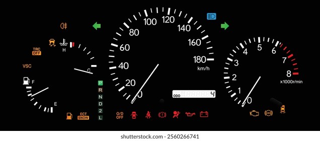 Realistic night early Y2K Japanese midsize SUV optitron gauge cluster in gasoline engine and electronically controlled automatic gearbox with traction control illustration vector.