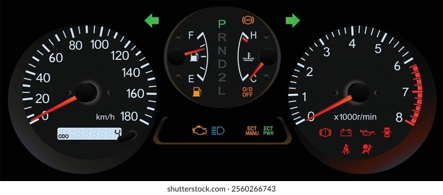 Realistic night early Y2K Japanese sport wagon gauge cluster in electronic gasoline injection engine and automatic gearbox illustration vector.